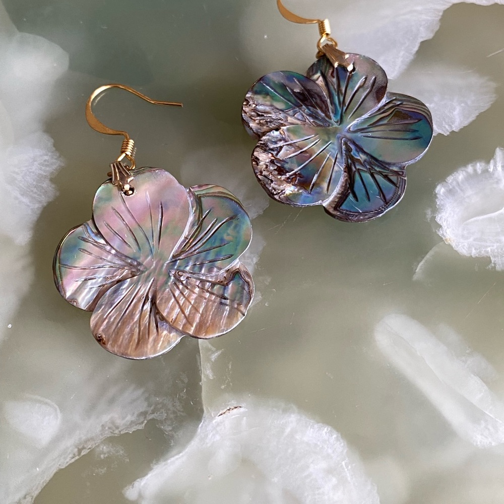 Carved Floral Mother of Pearl/Abalone Pierced Earrings